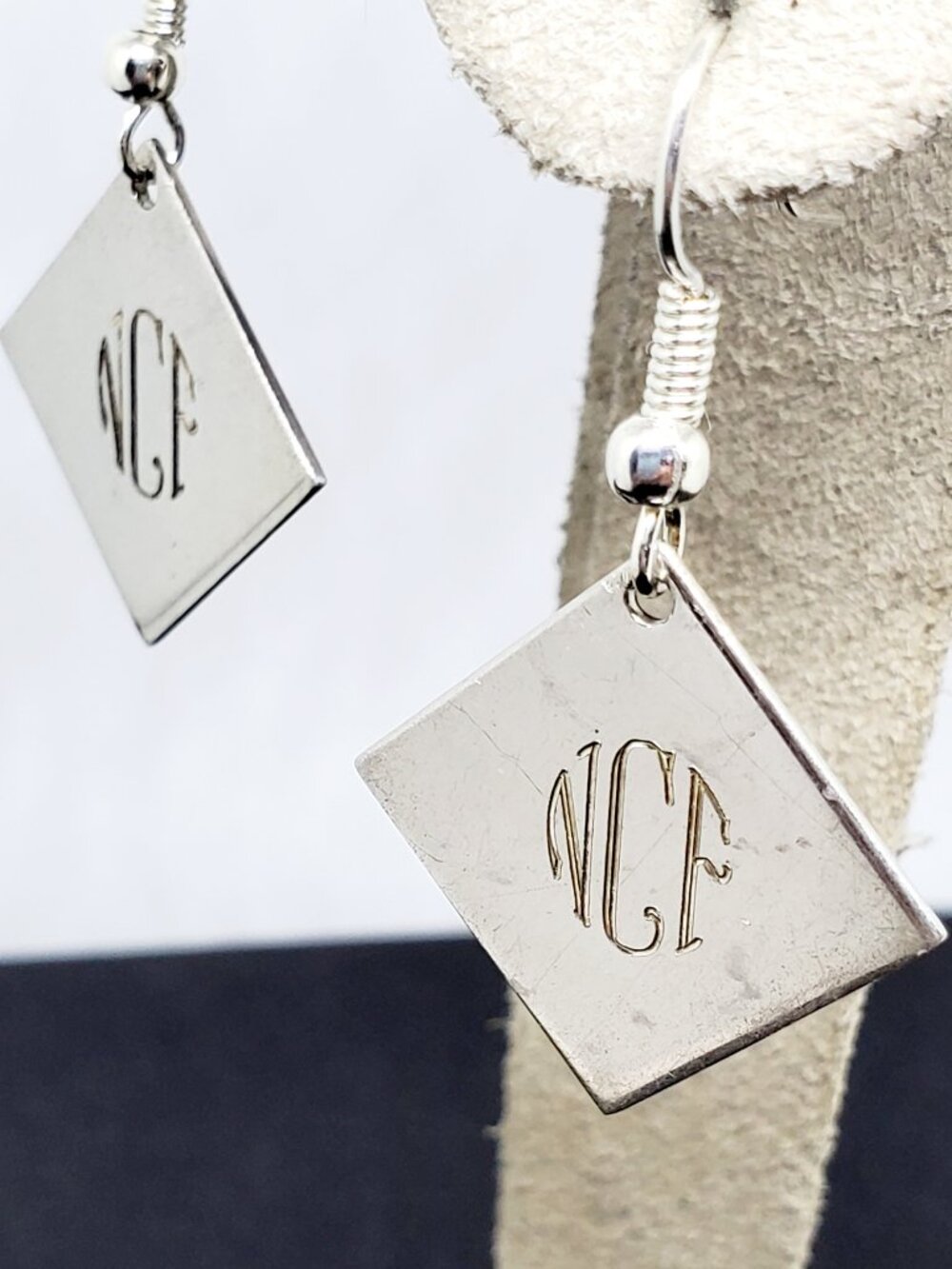 Vintage Sterling Silver "NCF" Monogram Initial Dangle Pierced 925 Earrings